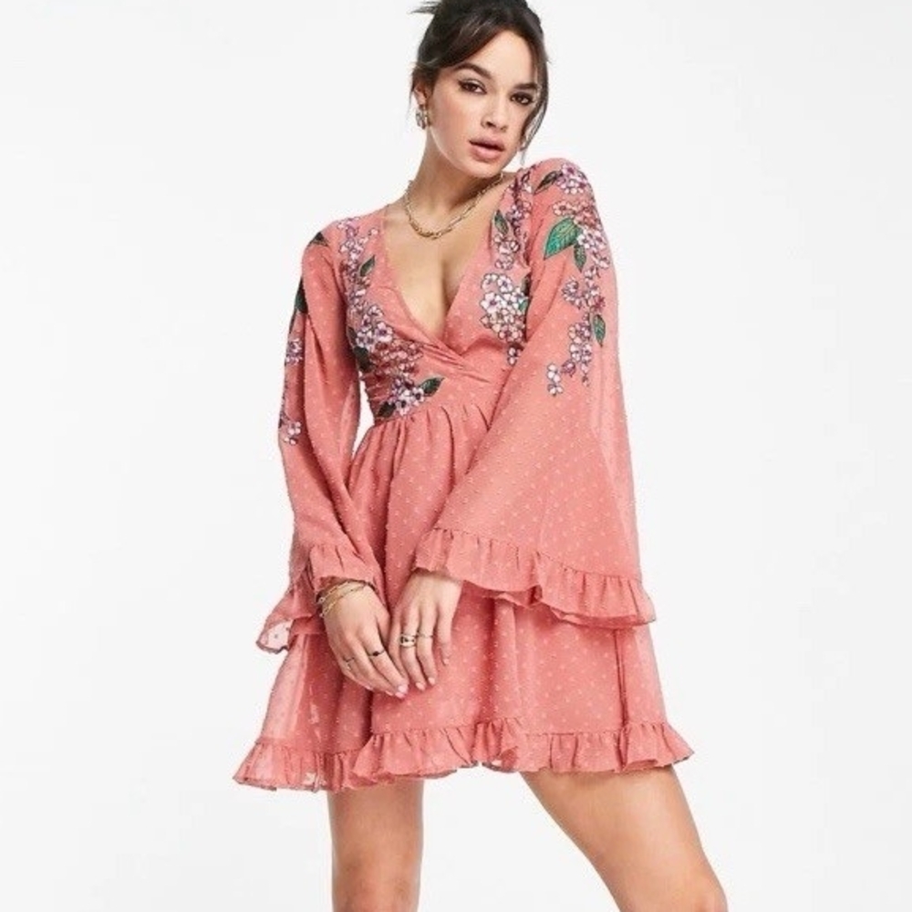 ASOS DESIGN dobby wrap mini skater dress with frills and floral embroidery